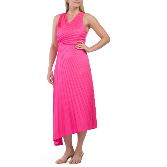 SAM EDELMAN HOT PINK Pleated Asymmetrical Midi Cocktail Dress - Picture 1 of 2
